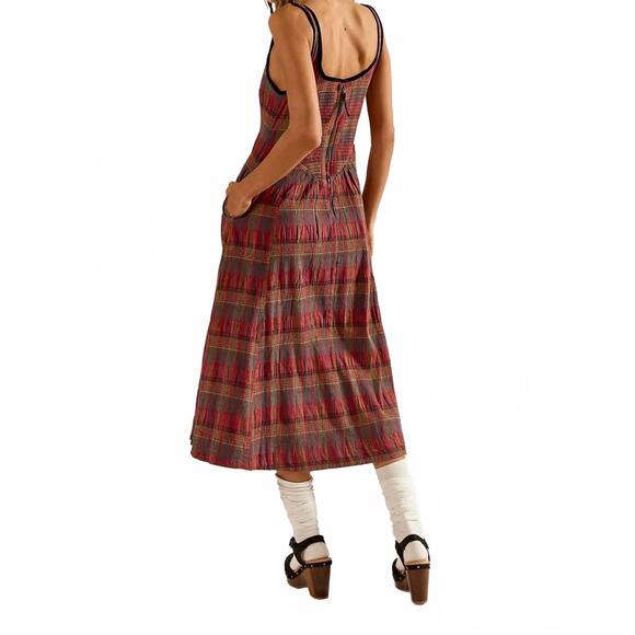 NEW FREE PEOPLE freya plaid midi dress in cherry combo - Picture 4 of 6